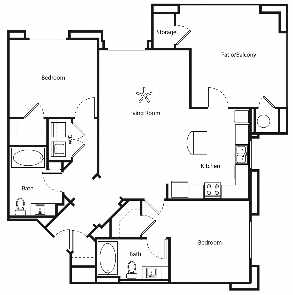 Floor plan for 2 beds, 2 baths, 1117 sqft